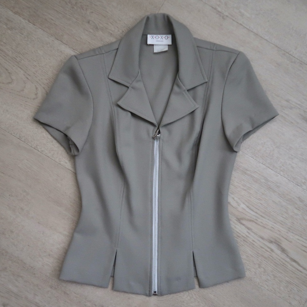 Vintage XOXO Zip Front Short Sleeve Top Jacket Gray Taupe